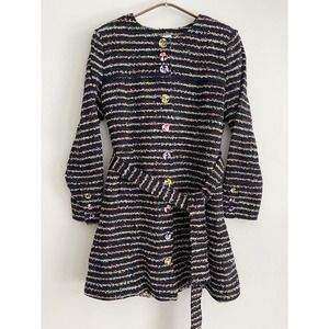 Cabi Women’s headline topper Navy floral tweed coat belted button up size 8